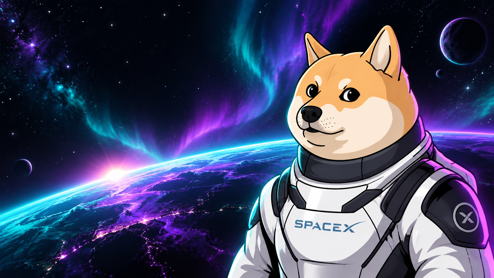 Shiba Inu astronaut in a SpaceX suit above a neon Solana world
